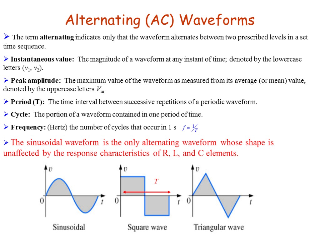 Alternating (AC) Waveforms The term alternating indicates only that the waveform alternates between two